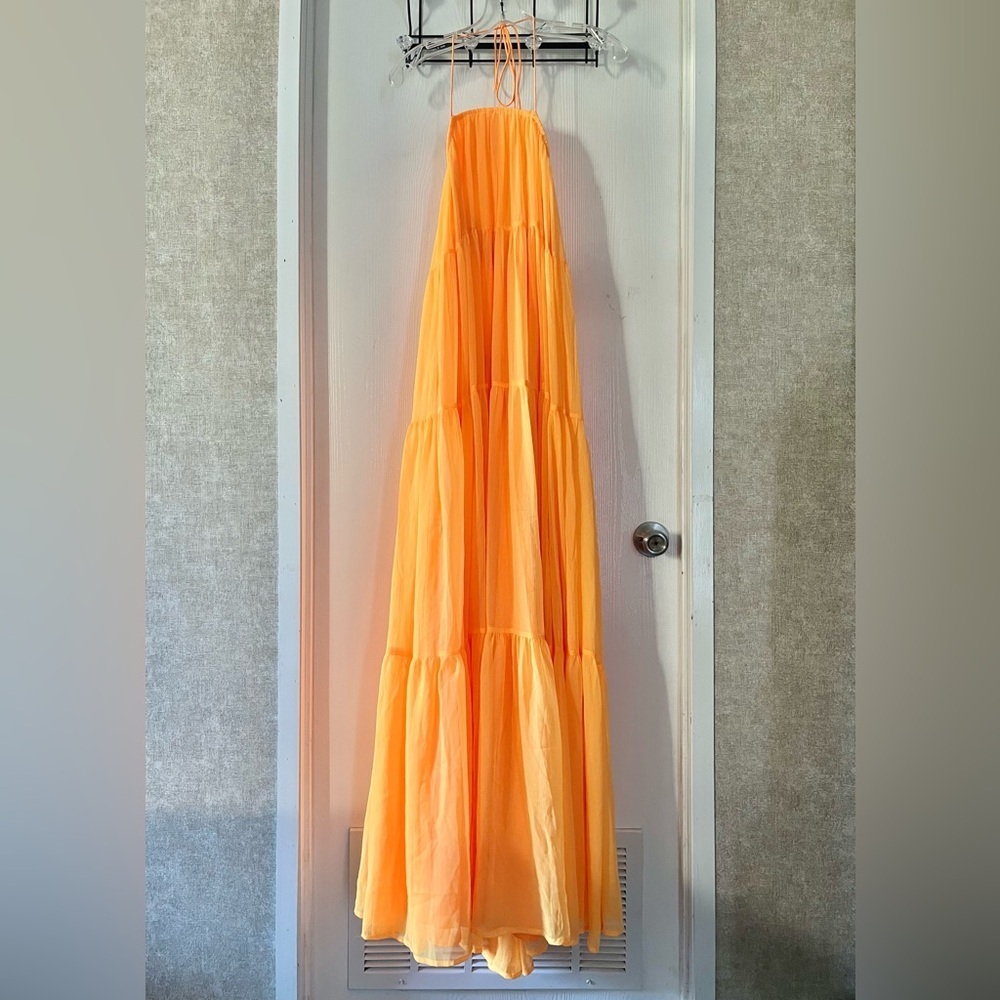 ASOS Bright Orange Sheer Over Slip Halter Maxi Dress - Picture 4 of 11